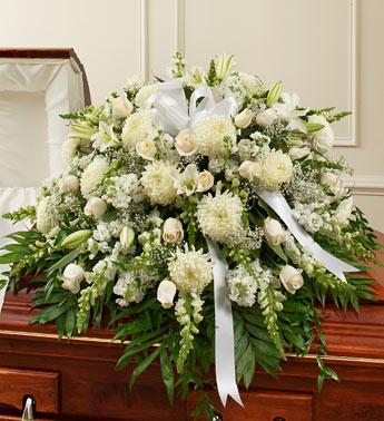 Cherished Memories Half Casket Cover - White Flower Bouquet