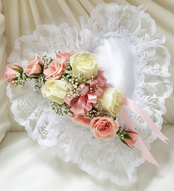 Pink And White Satin Heart Casket Pillow Flower Bouquet