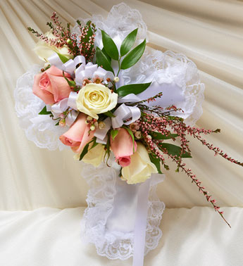 Pink And White Satin Cross Casket Pillow Flower Bouquet