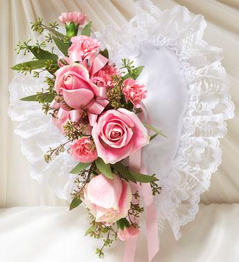 Pink Satin Heart Casket Pillow Flower Bouquet