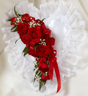 Red and White Satin Heart Casket Pillow Flower Bouquet
