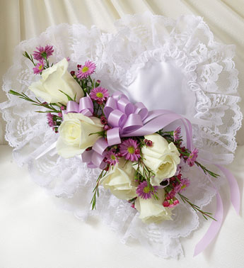 Lavender and White Satin Heart Casket Pillow Flower Bouquet