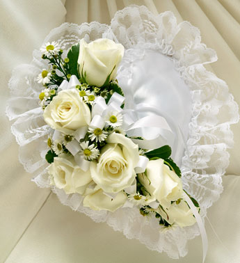 White Satin Heart Casket Pillow Flower Bouquet