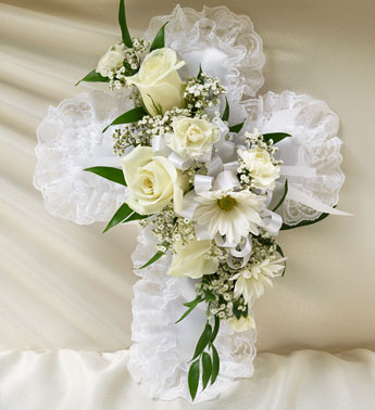White Satin Cross Casket Pillow Flower Bouquet