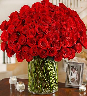 102 Premium Long Stem Red Roses in a Vase Flower Bouquet