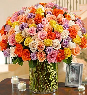 100 Premium Long Stem Multicolored Roses in a Vase Flower Bouquet
