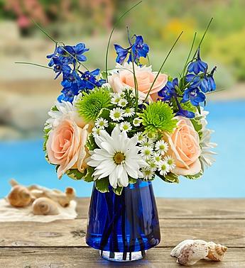 Summer Dunes - Peach Roses & White Daisies in a Blue Vase Flower Bouquet