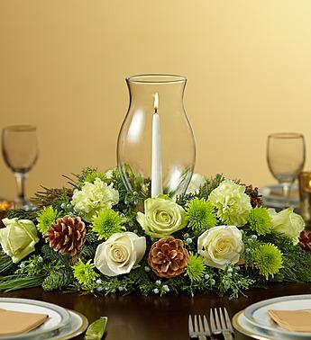 Holiday Cheer Centerpiece with Glass Hurricane Flower Bouquet