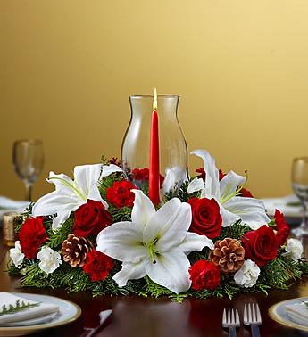 Holiday Centerpiece with Glass Hurricane Flower Bouquet