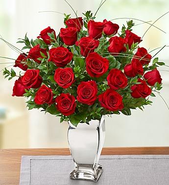 Premium Long Stem Red Roses in Silver Vase Flower Bouquet