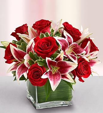 Modern Embrace Red Rose and Lily Cube Flower Bouquet