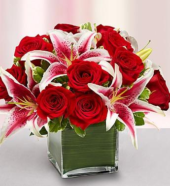 Modern Embrace Red Rose and Lily Cube Flower Bouquet
