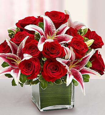 Modern Embrace Red Rose and Lily Cube Flower Bouquet