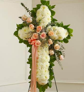 Peace and Prayers Standing Cross - Peach Flower Bouquet