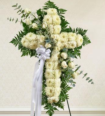 Peace and Prayers Standing Cross - White Flower Bouquet