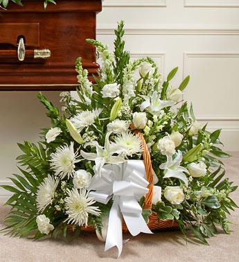 Thoughts and Prayers Fireside Basket - White Flower Bouquet