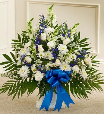Heartfelt Tribute Floor Basket Arrangement - Blue and White Flower Bouquet