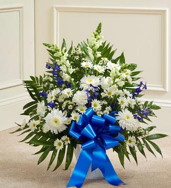 Heartfelt Tribute Floor Basket Arrangement - Blue and White Flower Bouquet