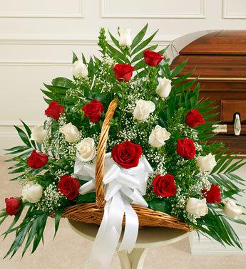 Sincerest Sympathies Fireside Basket-Red & White Flower Bouquet