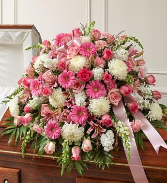 Cherished Memories Half Casket Cover-Pink & White Flower Bouquet