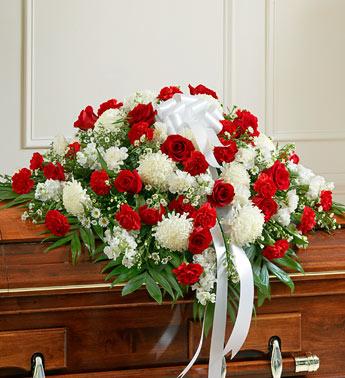 Cherished Memories Half Casket Cover-Red & White Flower Bouquet
