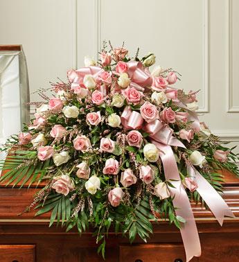 Cherished Memories Half Casket Cover – Pink/White Flower Bouquet