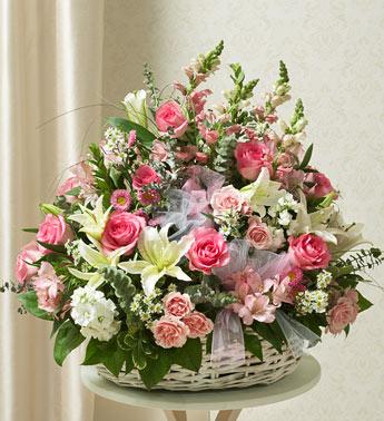 Pink and White Sympathy Arrangement in Basket Flower Bouquet