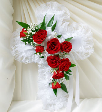 Red and White Satin Cross Casket Pillow Flower Bouquet