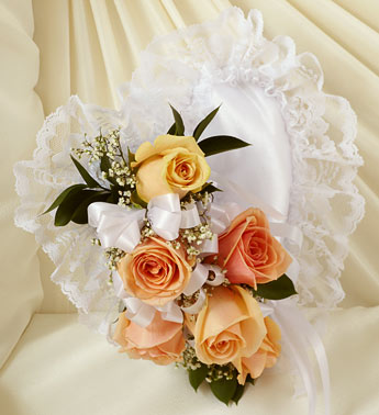 Peach and White Satin Heart Casket Pillow Flower Bouquet