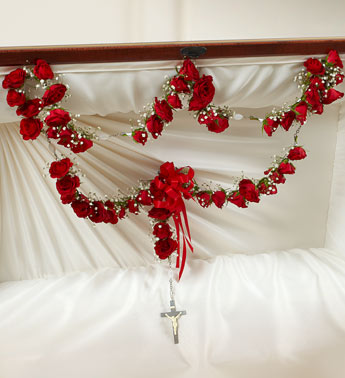 Large Rosary with Red Spray Roses Flower Bouquet