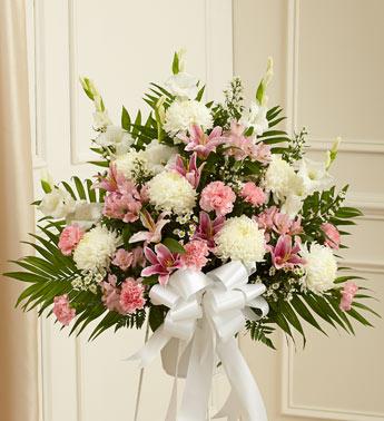 Heartfelt Sympathies Standing Basket-Pink & White Flower Bouquet