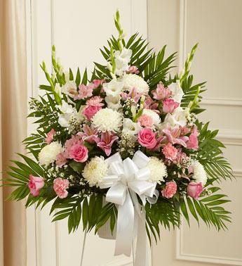 Heartfelt Sympathies Standing Basket-Pink & White Flower Bouquet