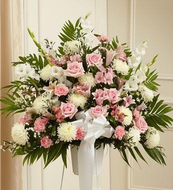 Heartfelt Sympathies Standing Basket-Pink & White Flower Bouquet