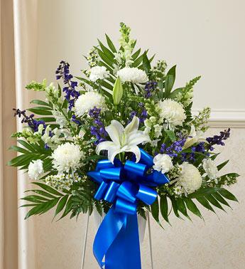 Heartfelt Sympathies Standing Basket-Blue & White Flower Bouquet