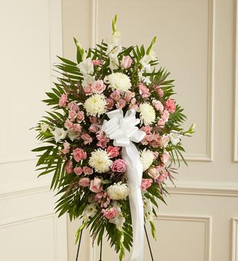 Deepest Sympathies Standing Spray-Pink & White Flower Bouquet