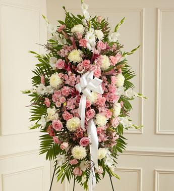Deepest Sympathies Standing Spray-Pink & White Flower Bouquet