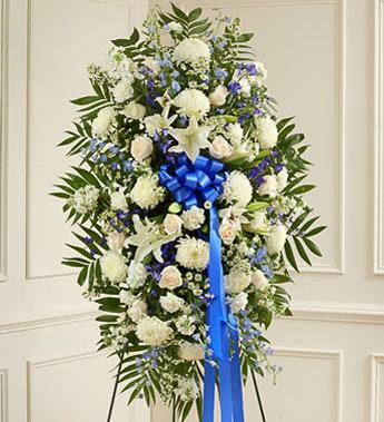 Deepest Sympathies Standing Spray - Blue & White Flower Bouquet