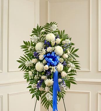 Deepest Sympathies Standing Spray - Blue & White Flower Bouquet