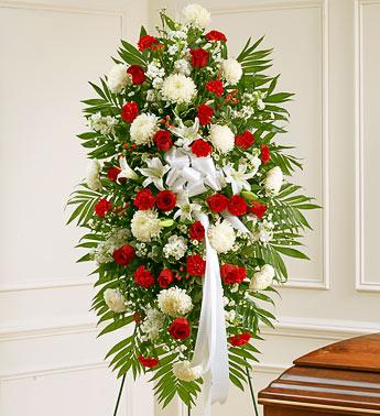 Deepest Sympathies Standing Spray-Red & White Flower Bouquet