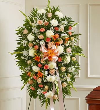 Deepest Sympathy Standing Spray-Peach/Orange/White Flower Bouquet