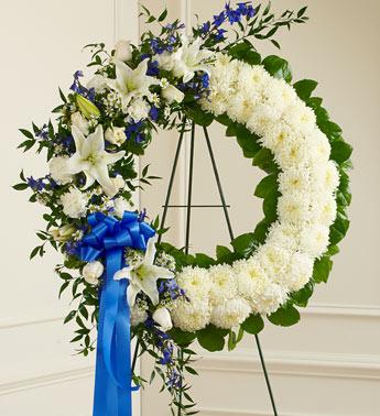 Serene Blessings - Blue & White Funeral Wreath Flower Bouquet