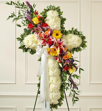 Peace and Prayers Standing Cross – Bright Flower Bouquet