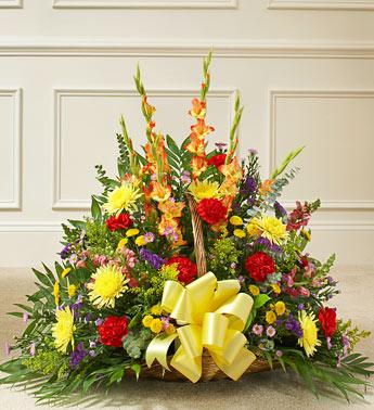 Thoughts and Prayers Fireside Basket - Bright Flower Bouquet