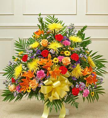 Heartfelt Tribute Floor Basket Arrangement - Bright Flower Bouquet