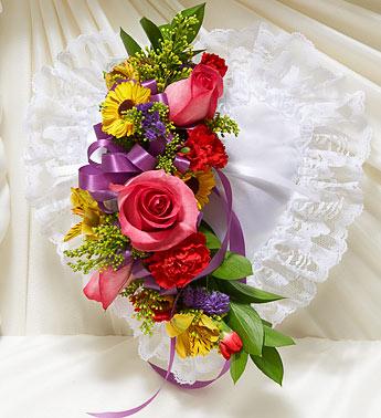Bright Satin Heart Casket Pillow Flower Bouquet