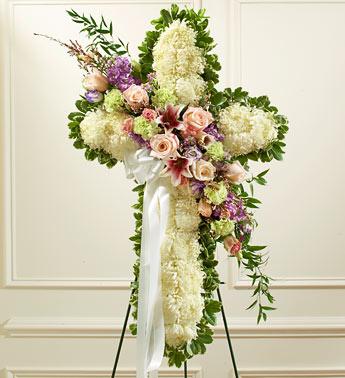 Peace & Prayers Standing Flower Cross - Pastel Flower Bouquet