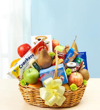 Deluxe Fruit and Gourmet Basket for Sympathy Flower Bouquet