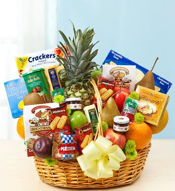 Deluxe Fruit and Gourmet Basket for Sympathy Flower Bouquet