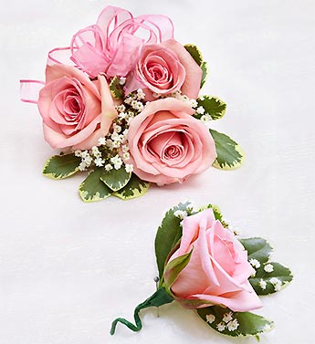 Pink Rose Corsage & Boutonniere Flower Bouquet