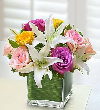 Modern Embrace™ Pastel Rose and Lily Cube Flower Bouquet